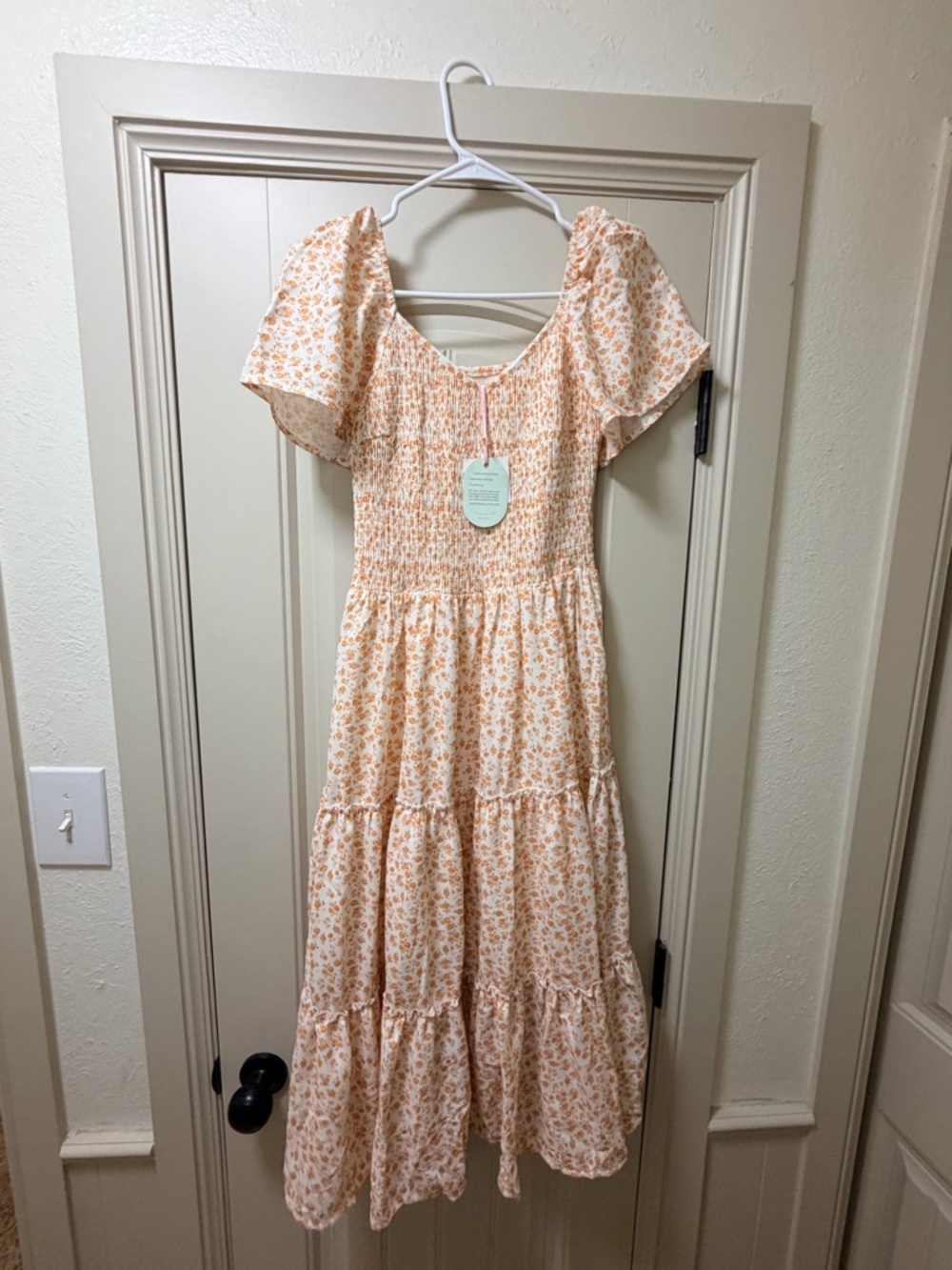 SweetHoney Cream and Light Orange Floral Tiered Maxi Dress